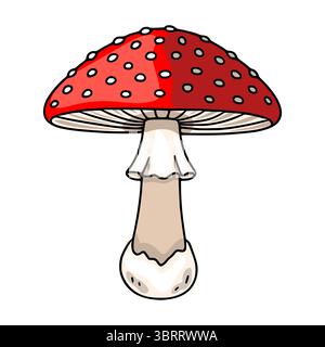 Illustration vectorielle fantaisiste d'un champignon amanita rouge avec des taches blanches, avec un capuchon détaillé, des branchies texturées et une base bulbeuse, pe Illustration de Vecteur