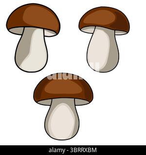 Une charmante illustration vectorielle avec trois champignons bruns et beiges, chacun méticuleusement détaillé avec des dégradés lisses et des nuances subtiles, créatine Illustration de Vecteur