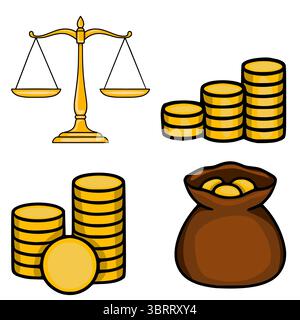 Une illustration vectorielle vibrante mettant en vedette une échelle dorée de justice, des piles de pièces d'or et un sac d'argent, symbolisant la richesse, la loi et le prosp financier Illustration de Vecteur