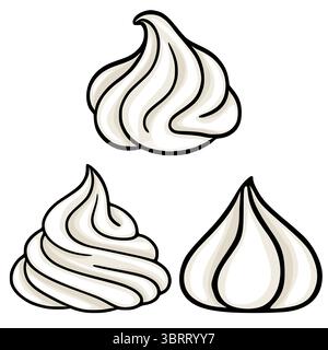 Un ensemble de trois illustrations vectorielles représentant des tourbillons crémeux, mettant en valeur différents styles de crème fouettée ou de meringue, idéal pour les menus de desserts, boulangerie b. Illustration de Vecteur
