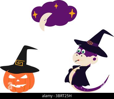 Citrouille d'Halloween dans chapeau de sorcière serpent de sorcière dans cape noire et nuage de croissant et étoiles ensemble Halloween. Illustrations vectorielles isolées thèmes Halloween cartes Party invitation ou bannière, dépliants, étiquette, prix Illustration de Vecteur
