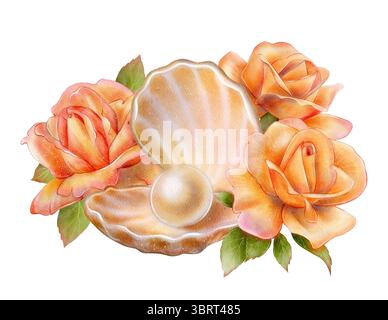 Illustration aquarelle dessinée à la main d'un coquillage ouvert avec une perle entourée de roses orange en fleurs et de feuilles vertes. Isolé sur fond blanc Banque D'Images
