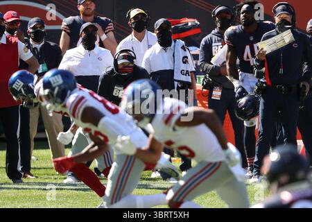 20 septembre 2020, Chicago, il, États-Unis : Matt Nagy, entraîneur-chef des Chicago Bears, regarde le quatrième quart-temps contre les Giants de New York le dimanche 20 septembre 2020, au Soldier Field à Chicago, Illinois. (Crédit image : © TNS via ZUMA Wire) Banque D'Images