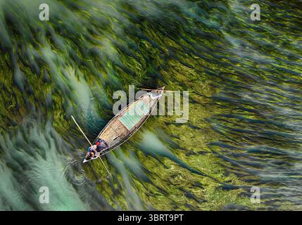 Vue aérienne d'un bateau solitaire glisse à travers la rivière, sa coque un contraste sombre avec les algues vertes vibrantes en dessous, Krisokgonj Bazar, Sirajganj, Rajshah Banque D'Images