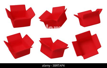 Rendu 3D de boîtes ouvertes jaunes vives vides dans plusieurs perspectives. Parfait pour la conception UI UX, les maquettes de produits et les ressources marketing numériques. Illustration de Vecteur