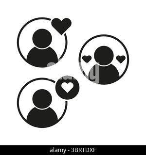 Icônes de profil utilisateur. Cœurs de médias sociaux. Vecteur d'amour de suiveur. Symboles d'évaluation client. Illustration de Vecteur