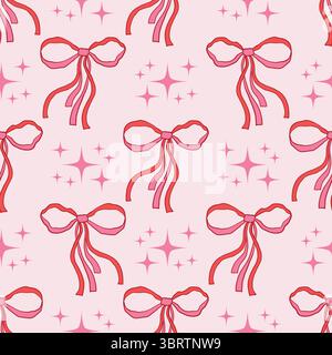 Motif sans couture rose avec noeud en ruban et étoile minuscule dans l'ordre des pois dans le style coquette dessiné à la main. Mignon et féminin parfait pour le tissu, le portefeuille Illustration de Vecteur