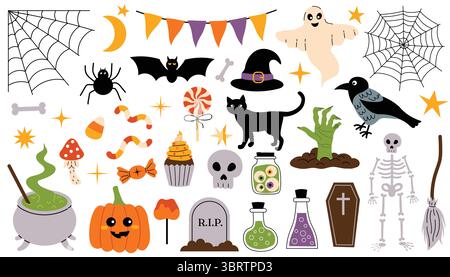 Ensemble d'éléments d'Halloween dans le style de bande dessinée plat avec squelette, bonbons, toile d'araignée, main de zombie, chaudron, et chat noir. Clipart effrayant amusant parfait pour Illustration de Vecteur