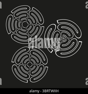Trois répétitions circulaires. Formes courbes blanches. Ornements vectoriels abstraits. Illustration de fond noir. Illustration de Vecteur