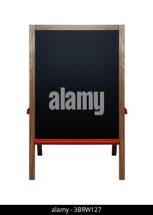 Tableau noir de cadre en bois sur un support avec des accents rouges Banque D'Images