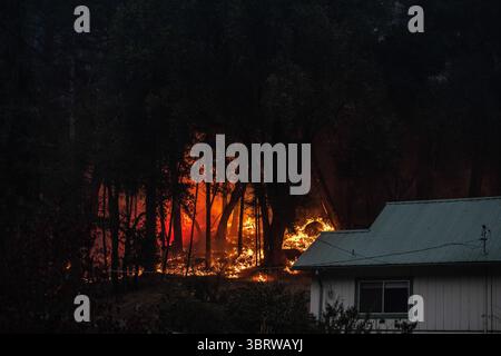 28 septembre 2020, Santa Rosa, CA, États-Unis : SANTA ROSA, CA - SEPTEMBRE 28 : des flammes de feu de forêt de l'incident d'incendie de verre sont vues près d'une maison à Santa Rosa, Californie le 28 septembre 2020. - Le feu de forêt a explosé de 1 500 acres à plus de 15 000 acres pendant la nuit alors que les vents répandaient des braises à travers la vallée. Des dizaines de milliers de personnes ont été forcées de fuir leurs maisons dans les vallées californiennes de Napa et de Sonoma lundi, alors que des feux de forêt attisés par des vents violents ravageaient la célèbre région viticole. Photo : Chris TuiteImageSPACE (crédit image : © via ZUMA Wire) Banque D'Images