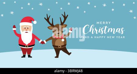 mignon carte de voeux de noël avec illustration vectorielle de personnages de père noël et de cerf Illustration de Vecteur