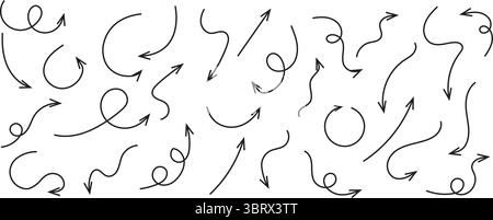 Ensemble de vecteur d'élément de flèche dessiné à la main noir. Collection de flèches de doodle, lignes, symbole, marque de pointage, formes sur fond blanc. Icône simple. Illustration de Vecteur