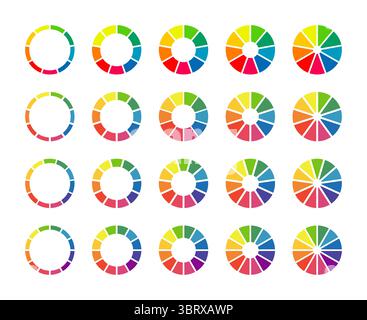 Graphiques en donut, tartes segmentées sur 9, 10, 11, 12 parts égales. Roues divisées en sections. Ensemble de diagrammes infographiques multicolores. Section de cercle Illustration de Vecteur