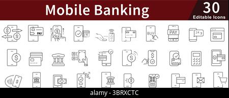 Icônes de ligne bancaire mobile : Finance numérique, transactions en ligne et paiement sécurisé Illustration de Vecteur