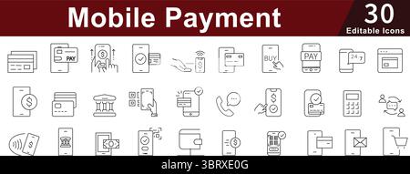 Icônes de ligne de paiement mobile : portefeuille numérique, e-commerce et vecteurs de transaction en ligne Illustration de Vecteur