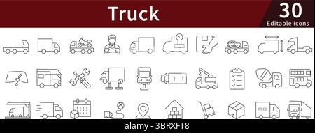 Ensemble d'icônes de ligne modifiables de camion pour la livraison, le transport, la cargaison et les concepts de véhicules logistiques Illustration de Vecteur