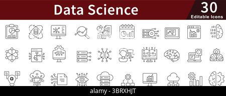 Jeu d'icônes de ligne modifiables de science des données pour l'analyse, l'apprentissage automatique, le Big Data et l'analyse statistique Illustration de Vecteur