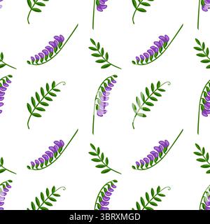 Modèle vectoriel sans couture de fleurs et de feuilles de vesce tuftées stylisées, avec une palette de couleurs violettes et vertes vibrantes sur un fond blanc, idéal f Illustration de Vecteur
