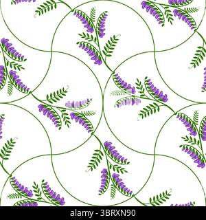 Modèle vectoriel sans couture de fleurs de vesce tuftées stylisées avec des tiges vertes courbes sur un fond blanc, créant un design floral délicat et élégant. Illustration de Vecteur