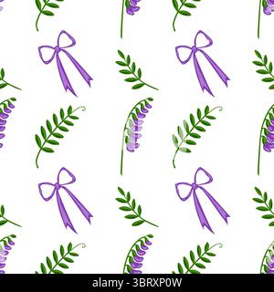Modèle vectoriel sans couture avec des fleurs de vesce tuftées stylisées, des feuilles vertes et des arcs violets sur un fond blanc, créant un flor charmant et délicat Illustration de Vecteur