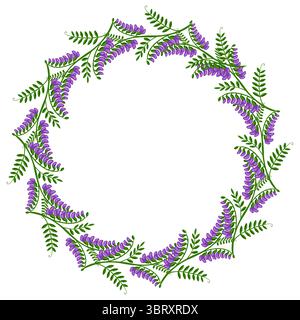Élégant cadre floral vectoriel avec un arrangement circulaire de fleurs et de feuilles de vesce tuftées stylisées, parfait pour les invitations, les cartes ou les el décoratifs Illustration de Vecteur
