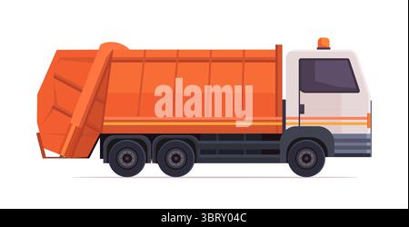 Camion à ordures orange se déplaçant sur la rue de la ville. Déchets verts et concept de durabilité. Vecteur non généré par IA Banque D'Images