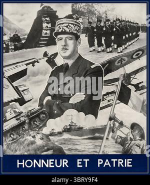 Affiche politique française gratuite de la seconde Guerre mondiale mettant en vedette le général Charles de Gaulle, avec la devise « honneur et Patrie » (honneur et patrie) en bas. L'affiche montre bien en vue une image centrale de Charles de Gaulle, entourée de diverses représentations de l'armée française, y compris des soldats, des avions, un navire de guerre, des chars, et artillerie. Il s’agit d’une affiche de propagande de la période 1940-1945, utilisée pour inspirer et unir le peuple français pendant la guerre. L'expression « honneur et Patrie » est une devise patriotique française bien connue, mettant l'accent sur le devoir et la loyauté envers la nation. France Banque D'Images