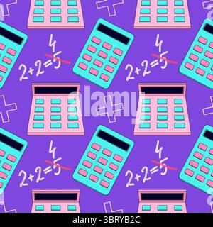 Modèle sans couture coloré avec calculatrice de dessin animé et erreur mathématique drôle. Illustration vectorielle sur fond violet. Pour le thème de la rentrée scolaire, fournitures, Illustration de Vecteur