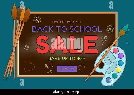 Bannière de vente de retour à l'école avec fournitures d'art, pinceaux, palette et tableau noir. Illustration créative de promotion d'achat d'école sur fond de graphique. FO Illustration de Vecteur