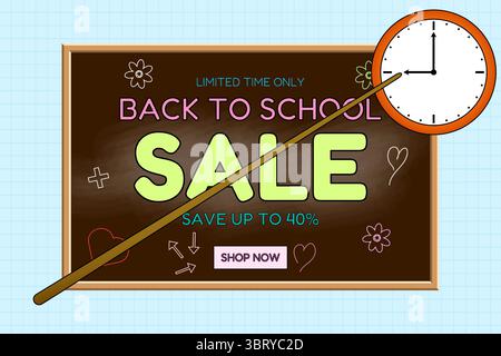 Affiche de vente de retour à l'école avec tableau noir brun et pointeur de classe pointant vers une horloge murale sur fond graphique. Symbole le prochain début de scho Illustration de Vecteur