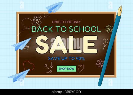 Bannière de vente de retour à l'école avec tableau noir brun, avions en papier, stylo plume, et griffonnages sur fond à carreaux. Promotion saisonnière, publicité shopping Illustration de Vecteur