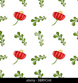 Un motif vectoriel d'art folklorique sans couture avec des fleurs rouges vibrantes et des feuilles vertes sur un fond blanc. Le design est gai et adapté pour vario Illustration de Vecteur