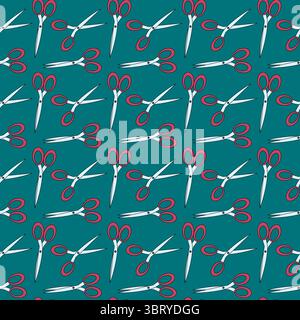 Motif sans couture de dessin animé avec des ciseaux d'école. Illustration vectorielle sur fond bleu sarcelle foncé. Pour le thème de la rentrée scolaire, fournitures scolaires ou de bureau, stati Illustration de Vecteur