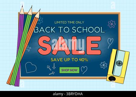 Bannière de vente de retour à l'école avec tableau noir, crayons de couleur, taille-crayon et texte promotionnel sur fond graphique. Pour la promotion saisonnière, shopping adv Illustration de Vecteur