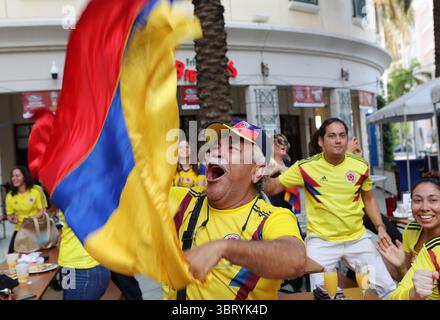 19 juin 2018 - Miami, FL, États-Unis - Rafael Agredo réagit avec les autres fans qui regardent la Colombie affronter le Japon au premier tour de la Coupe du monde au Fritz & Franz Bierhaus le mardi 19 juin 2018 à Coral Gables, Floride. Le Japon a gagné 2-1. (Crédit image : © Roberto Koltun/TNS via ZUMA Wire) Banque D'Images