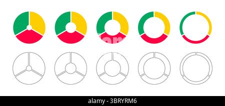 Tableaux en forme de donut, tartes segmentées sur 3 parties égales. Roues divisées en trois sections. Diagrammes infographie ensemble multicolore. Graphique de section circulaire. Pizza Illustration de Vecteur