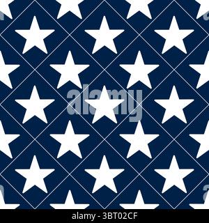 Un motif vectoriel sans couture avec des étoiles blanches sur un fond bleu marine, disposées dans une disposition de grille de losanges. Illustration de Vecteur