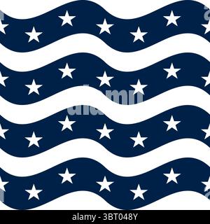 Un motif vectoriel répétitif de lignes ondulées avec des étoiles blanches sur un fond bleu foncé, créant un design patriotique et festif. Illustration de Vecteur