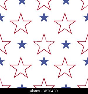 Un motif vectoriel répétitif d'étoiles rouges et bleues sur fond blanc, avec des étoiles soulignées en rouge et des étoiles remplies en bleu, créant un patriotique Illustration de Vecteur