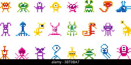 Monstres pixel. Personnages de jeu d'arcade, néon isolé couleurs envahisseurs de l'espace. Extraterrestres 8 bits vintage, envahisseur de galaxie ou virus, vecteur de jeu vidéo néotérique Illustration de Vecteur