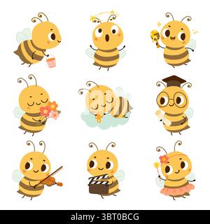 Abeille de dessin animé mignonne. Abeilles drôles dans différentes poses, insectes émotionnels. Insecte volant mignon avec seau, fleurs, jouer de la musique et dormir sur les nuages, de nos jours Illustration de Vecteur