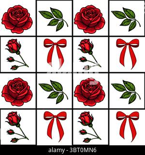 Une grille d'éléments décoratifs avec des roses rouges, des boutons de rose et des rubans rouges sur fond blanc. Le design est symétrique et vibrant, idéal pour Illustration de Vecteur