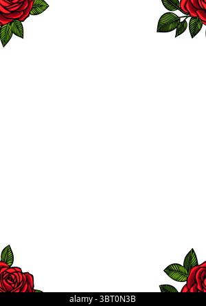 Un cadre décoratif avec des roses rouges vectorielles vibrantes avec des feuilles vertes, sur un fond blanc vierge. Idéal pour les invitations, les cartes de vœux, Illustration de Vecteur