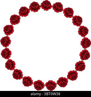 Un arrangement circulaire de roses rouges vectorielles, créant un cadre floral. Les roses sont détaillées et vibrantes, placées sur un fond blanc, idéales pour inv Illustration de Vecteur