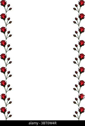 Une bordure décorative avec des roses rouges vectorielles et des feuilles vertes sur un fond blanc, créant un cadre romantique et élégant. Illustration de Vecteur