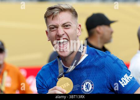 East Rutherford, Etats-Unis. 13 juillet 2025. Liam Delap de Chelsea célèbre la finale de la Coupe du monde des clubs FIFA 2025 entre le Chelsea FC et le Paris Saint-Germain (PSG) le 13 juillet 2025 au MetLife Stadium à East Rutherford, New Jersey, États-Unis - photo Jean Catuffe/DPPI crédit : DPPI Media/Alamy Live News Banque D'Images