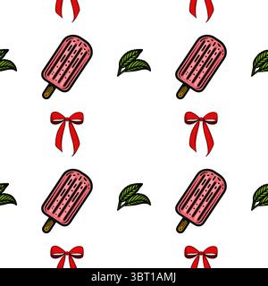 Un motif vectoriel sans couture avec des popsicles de crème glacée rose, des arcs rouges et des feuilles vertes sur un fond blanc. Illustration de Vecteur
