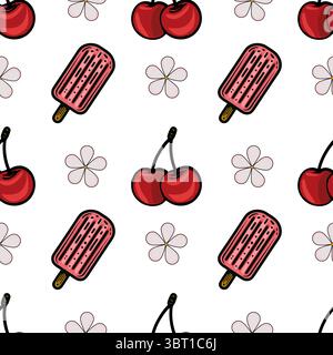 Un motif vectoriel ludique avec des popsicles, des cerises et des fleurs sur un fond blanc. Les popsicles sont roses avec un bâton de bois, tandis que le cerr Illustration de Vecteur