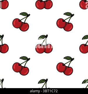 Un motif vectoriel sans couture avec des cerises rouges avec des feuilles vertes sur un fond blanc. Les cerises sont représentées par paires, mettant en valeur leur éclat Illustration de Vecteur